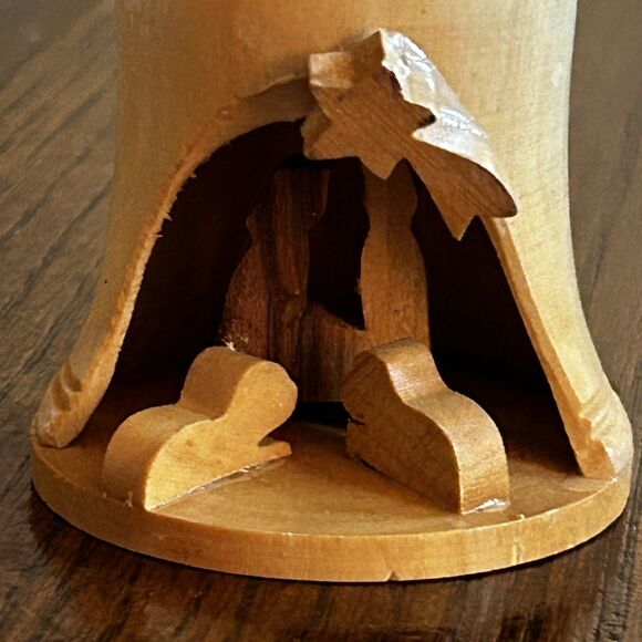 Holy Land Made in Israel Nativity Ornament Wood Jesus Mary Joseph Bell Manger - Picture 2 of 9